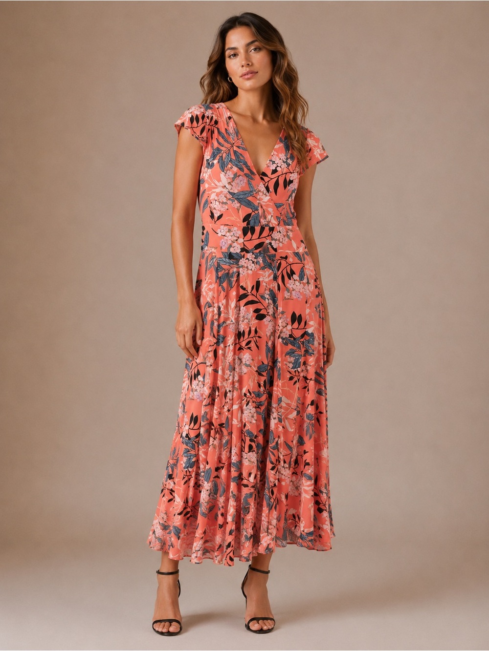 bebe Coral V-Neck Floral Maxi Flutter Wrap Dress Size 4